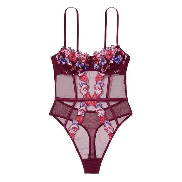 Victoria’s Secret Embroidered Floral Mesh Bodysuit Teddy XL Underwire Burgundy - Picture 3 of 6